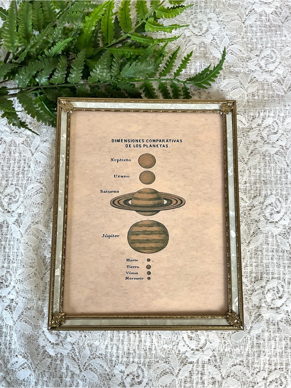 Vintage Pearlized Brass Framed Planet Decor 8x10